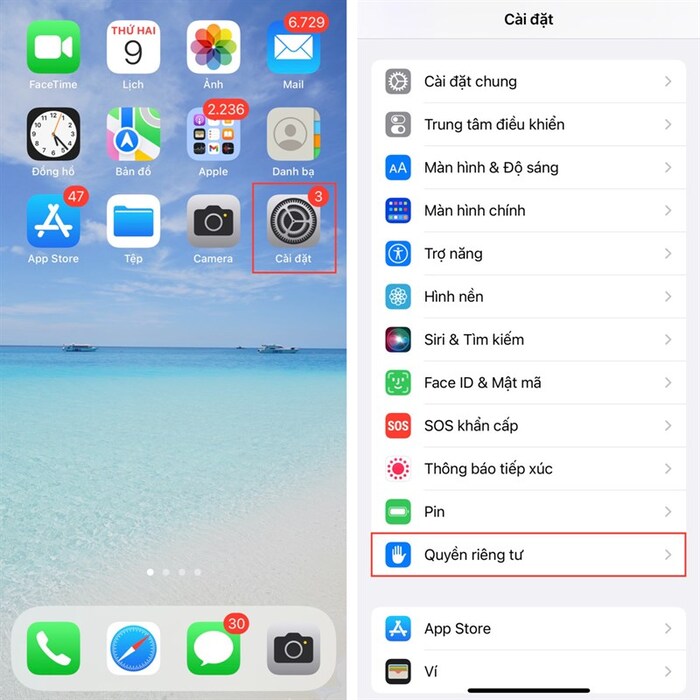 Chọn Quyền riêng tư trong Cài đặt 