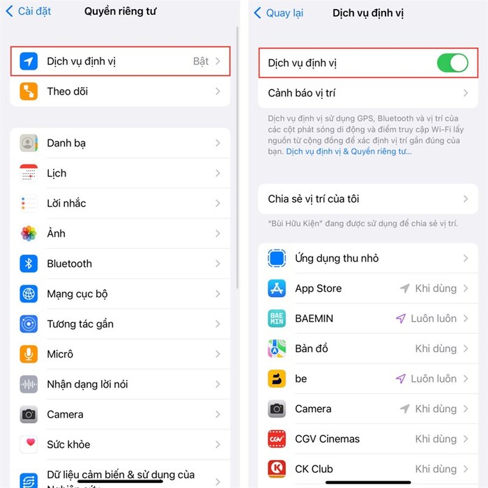 Chọn mục Dịch vụ định vị và bật tính năng
