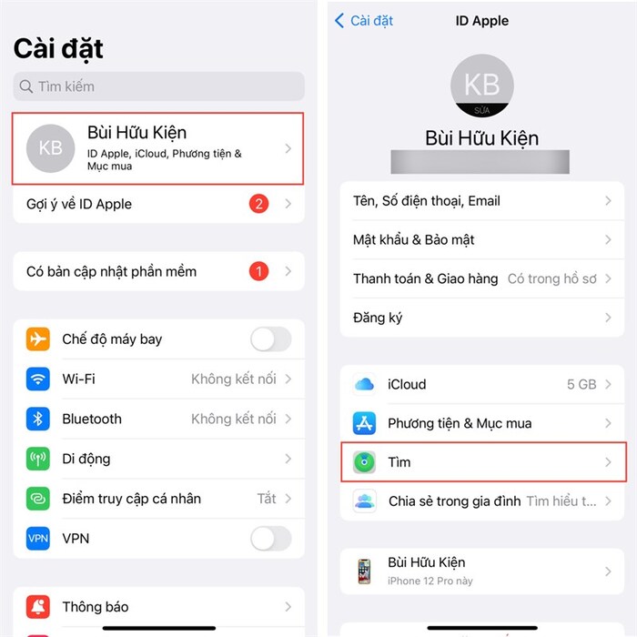 Nhấn vào Tìm trong ID Apple