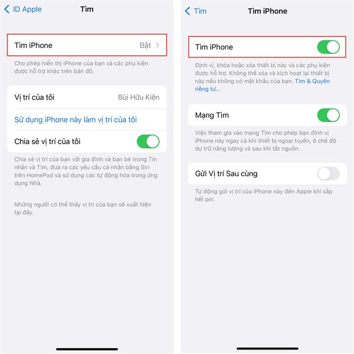 Chọn vào mục Tìm iPhone và kích hoạt tính năng