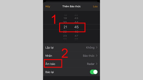 Chỉnh thời gian bạn muốn nhận báo thức và chọn mục Âm báo Cách đặt chuông báo thức bằng bài hát cho iphone