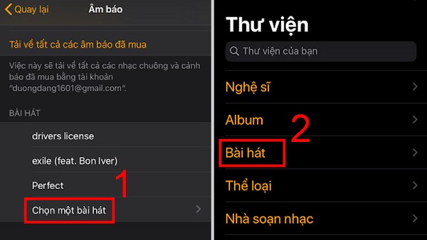 Vào mục Bài hát để đến với danh sách các bài hát đã lưu trong Thư viện của bạn Cách đặt chuông báo thức bằng bài hát cho iphone