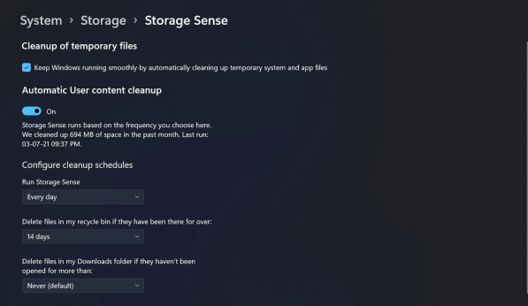 Bạn có thể khởi động Storage Sense bằng cách bấm vào Run Storage Sense Now ở dưới cùng