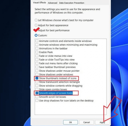 Tích chọn Adjust for Best Performance, Show thumbnails instead of icons và Smooth edges of screen fonts