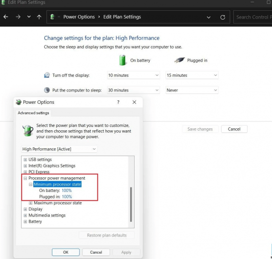 Đi tới Processor Power Management và bảo đảm trạng thái bộ xử lý tối thiểu và tối đa là 100%