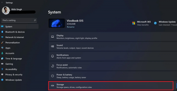Chọn Storage trong mục System