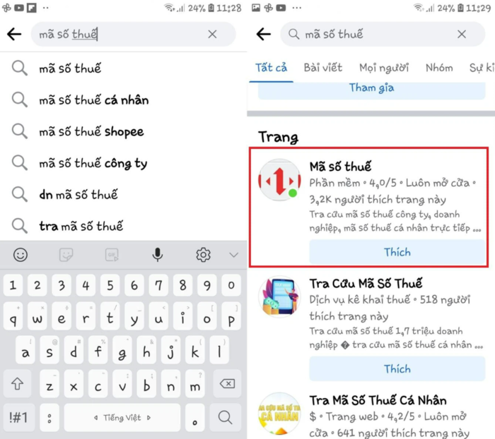 Chọn trang Facebook có hình đại diện như minh họa