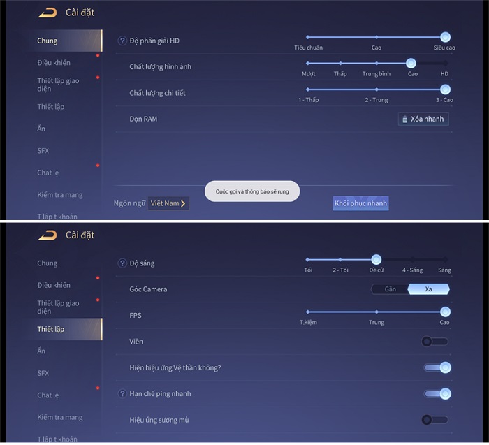 Cài đặt đồ họa trong game Liên Quân Mobile