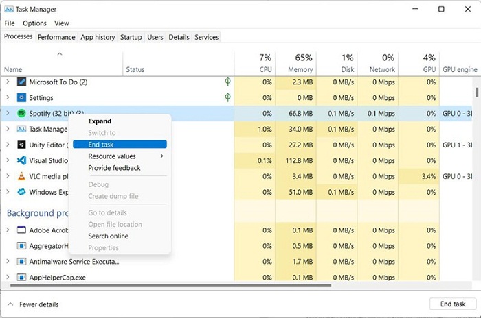 Kích chuột phải vào Spotify, chọn End Task và khởi động lại ứng dụng