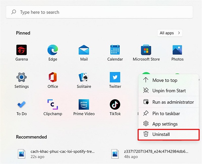 Kích chuột phải vào Spotify rồi chọn Uninstall