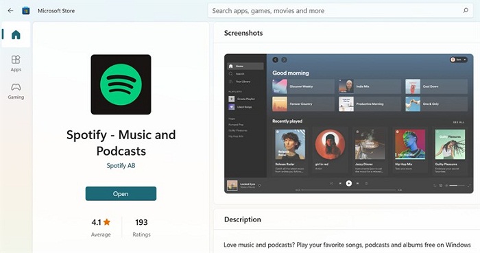 Vào lại cửa hàng Microsoft Store, nhập từ khóa tìm kiếm Spotify và cài đặt lại