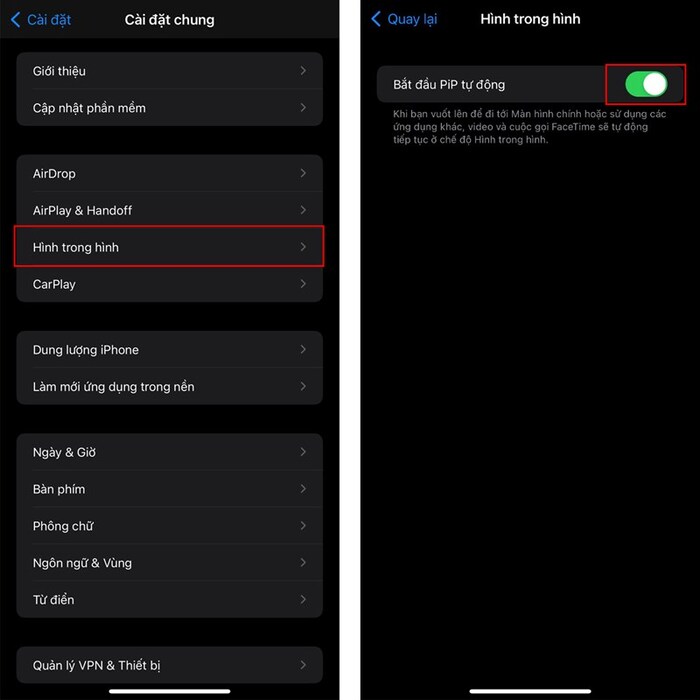 Bật Bắt đầu PiP tự động