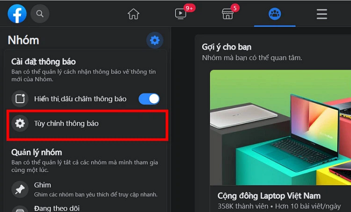 Bấm vào mục Tùy chỉnh thông báo