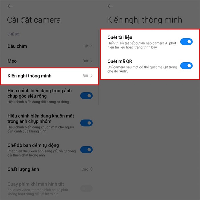 Bật tính năng kiến nghị thông minh