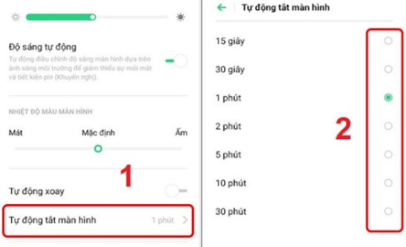 Điều chỉnh thời gian sáng màn hình xuống thấp nhất sẽ giúp điện thoại OPPO giảm thiểu pin tiêu hao.