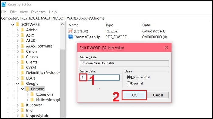 Nhập giá trị 0 vào ô dữ liệu của tệp ChromeCleanupEnabled