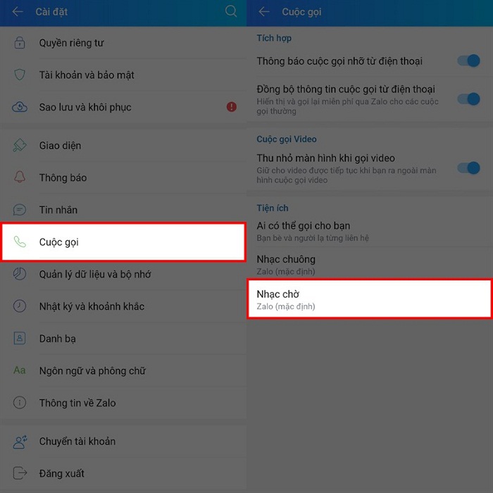 Bấm vào biểu tượng Cuộc gọi và chọn Nhạc chờ 