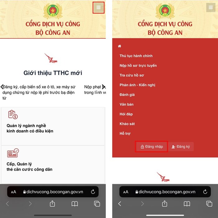 Truy cập Cổng dịch vụ công bộ Công An và làm theo hướng dẫn