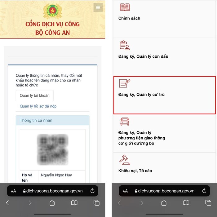 Chọn Đăng ký, Quản lý cư trú