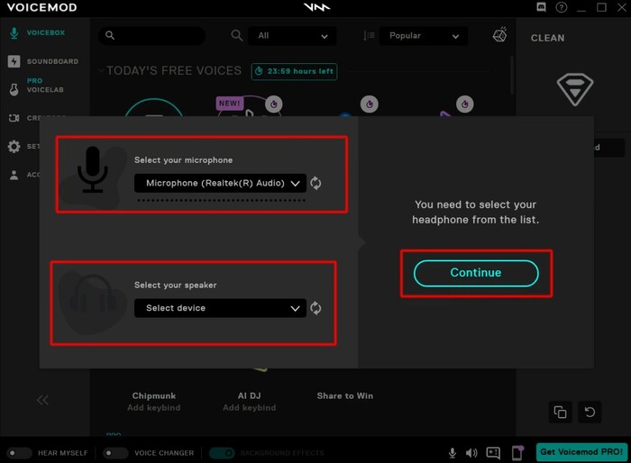 Chọn âm thanh đầu vào và đầu ra rồi bấm Continue