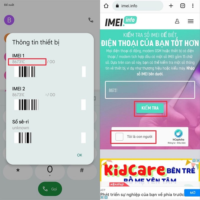 Sao chép mã IMEI của điện thoại lên web imei.info để kiểm tra