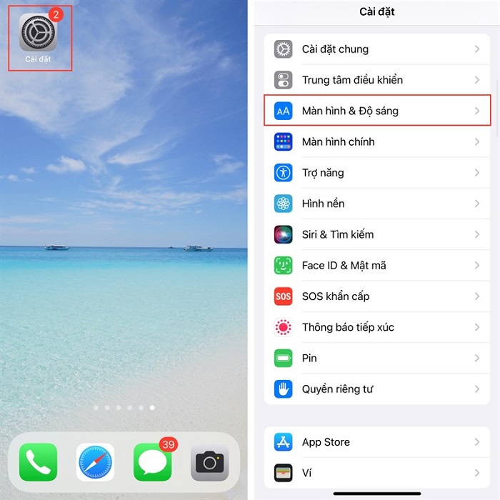 Chọn Màn hình & Độ sáng trong mục Cài đặt