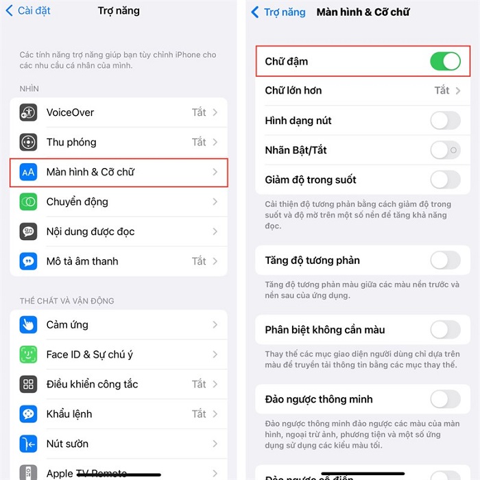 Kích hoạt tính năng Chữ đậm trong  mục Màn hình & Cỡ chữ