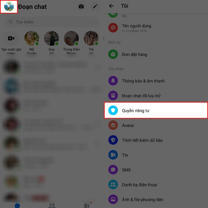 Chọn vào quyền riêng tư