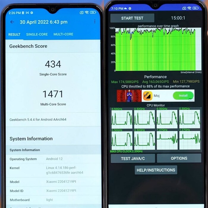 Đồng thời máy cũng đạt điểm chuẩn trên Geekbench khá tốt với điểm đơn/đa lõi: 434 và 1.471