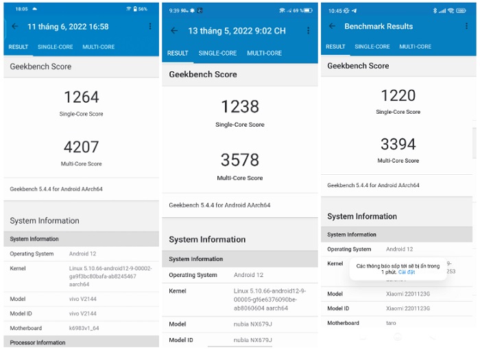 Điểm hiệu năng đo bằng phần mềm Geekbench theo thứ tự từ trái qua phải: vivo X80 - Red Magic 7 - Xiaomi 12