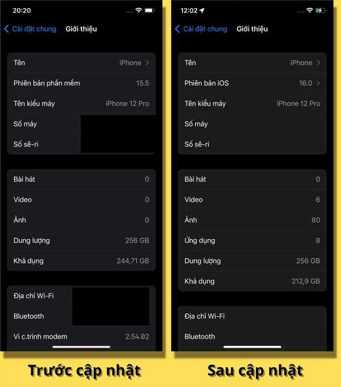 Thông số cấu hình iPhone 12 Pro trước và sau khi cập nhật lên phiên bản iOS 16