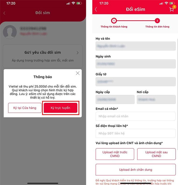 Điền đầy đủ thông tin cá nhân khi đăng ký eSIM