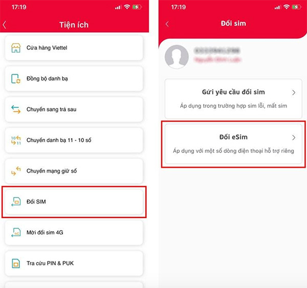 Đăng ký đổi eSIM trên ứng dụng My Viettel