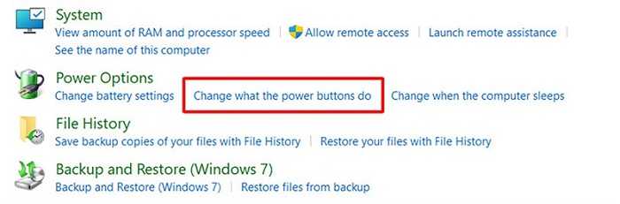 Chọn Change what the power buttons do trong mục Power Options