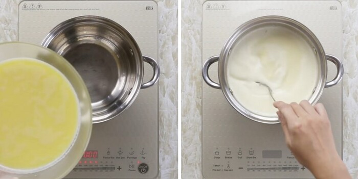 Đun, khuấy đều tay trên bếp lửa nhỏ đến khi sôi