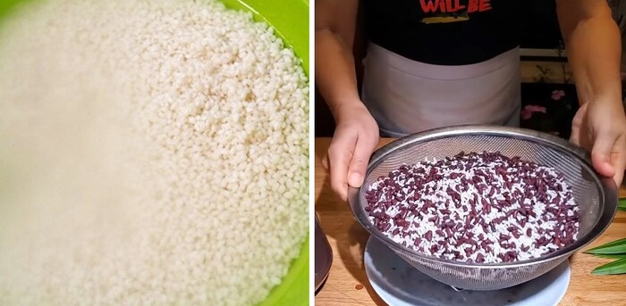 Ngâm nếp và trộn với đậu