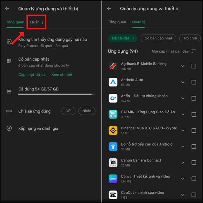 Chọn mục quản lý