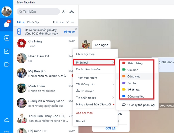 Tính năng phân loại cuộc trò chuyện