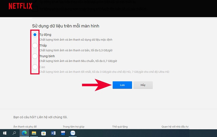 Các tùy chọn cho chế độ sử dụng dữ liệu
