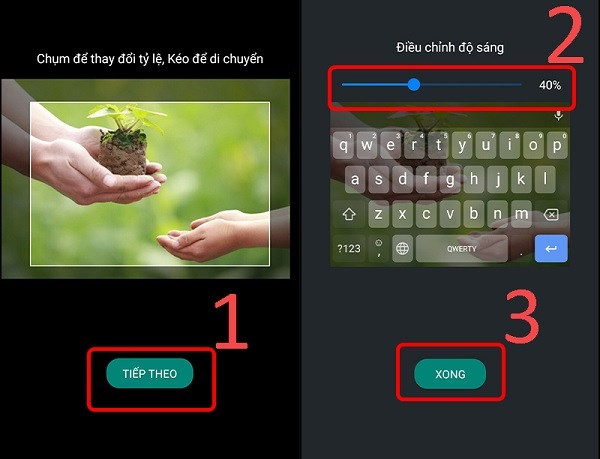 Điều chỉnh Kích thước và nhấn Tiếp theo > Điều chỉnh Độ sáng > Nhấn Xong