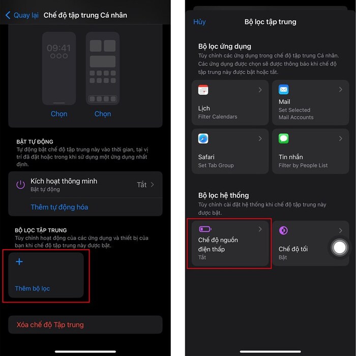 Chọn Thêm bộ lọc > Chế độ nguồn điện thấp