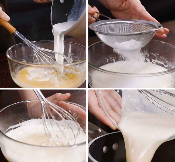 Nấu hỗn hợp sữa, trứng, bột bắp