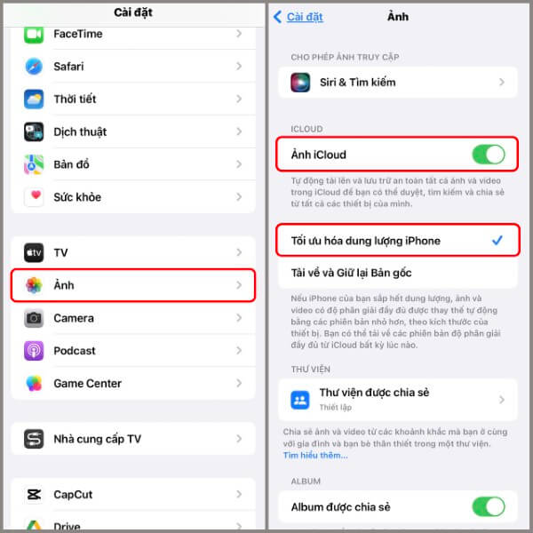 Chọn Tối ưu hóa dung lượng iPhone