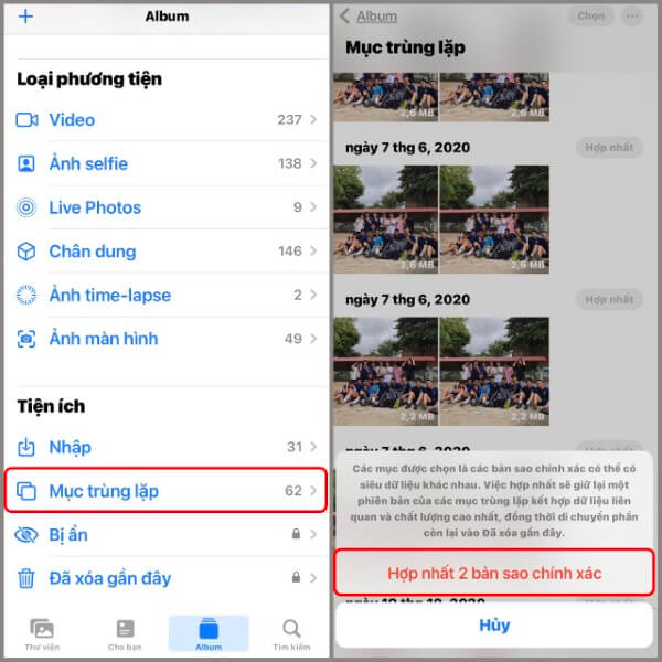 Chọn Hợp nhất 2 bản sao chính xác