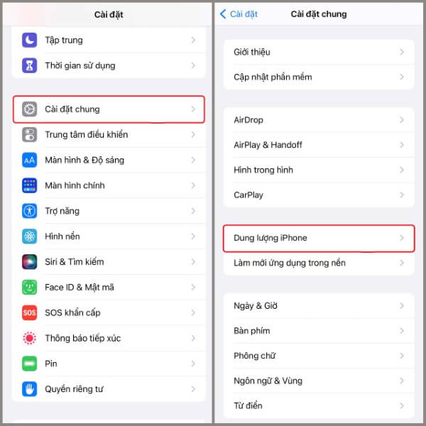 Chọn Cài đặt chung > Dung lượng iPhone