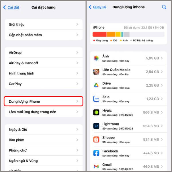 Chọn Dung lượng iPhone để xem danh sách chi tiết từng ứng dụng
