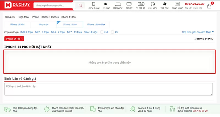 Hình 2: Bấm vào bài đăng nhưng không có sản phẩm