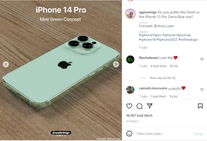 Concept iPhone 14 xanh bạc hà do tài khoản Instagram AppleDsign tung ra hợp thị hiếu người dùng