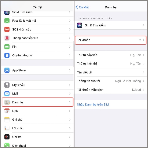 Cài đặt danh bạ Cài đặt danh bạ