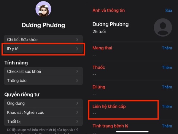 Chọn ID Y tế > Liên hệ khẩn cấp
